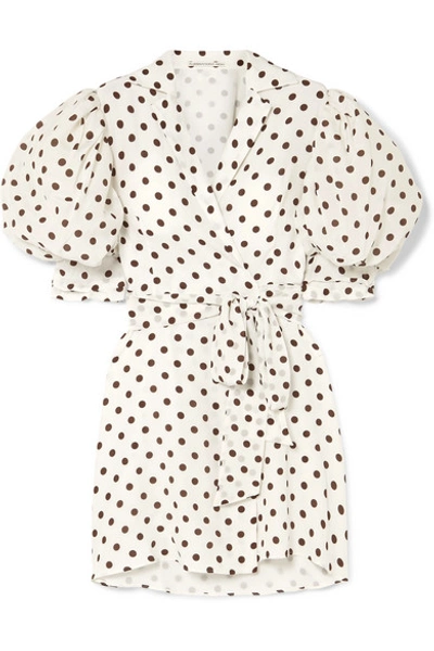 Shop Alessandra Rich Polka-dot Silk-crepe Wrap Mini Dress In White