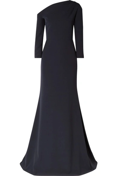 Shop Lela Rose One-shoulder Gathered Stretch-crepe Gown In Navy