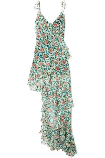 Shop Raquel Diniz Stella Asymmetric Ruffled Floral-print Silk-chiffon Dress In Cream