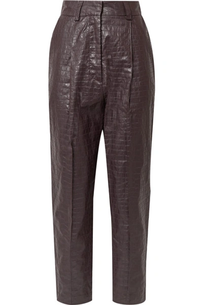 Shop Beaufille Nova Croc-effect Coated-linen Tapered Pants In Plum