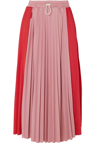 Shop Moncler Pleated Satin Midi Skirt In Red