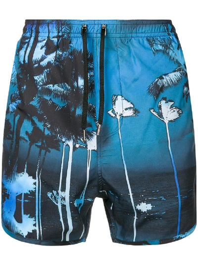Shop Neil Barrett Palm Printed Swim Shorts - Blue
