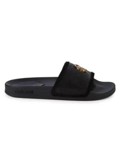 Shop Roberto Cavalli Ornament Leather Slide Sandals In Black