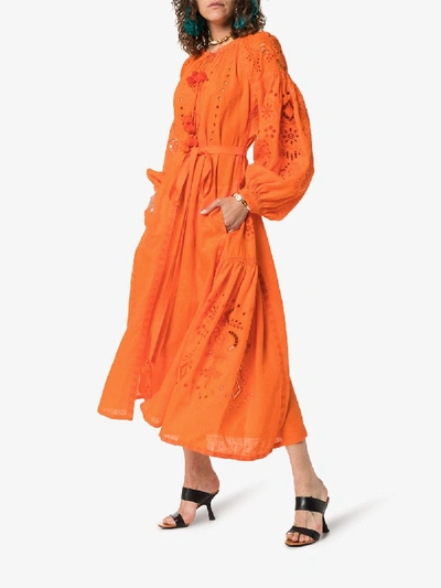 Shop Vita Kin Cherry Blossom Embroidered Linen Dress In Orange