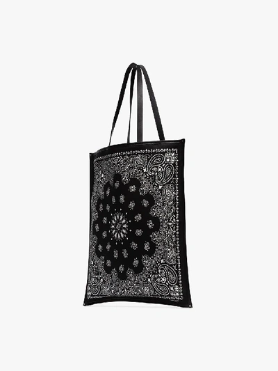 Shop Saint Laurent Black Bandana Print Leather Trim Cotton Tote Bag In 1070 Black