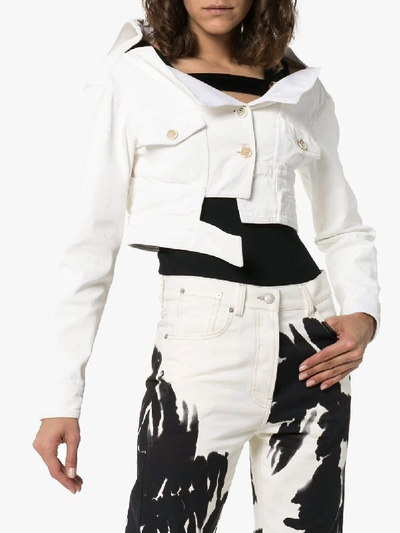 Shop Marni Deconstructed Asymmetric Cropped Denim Jacket In 00w01 White