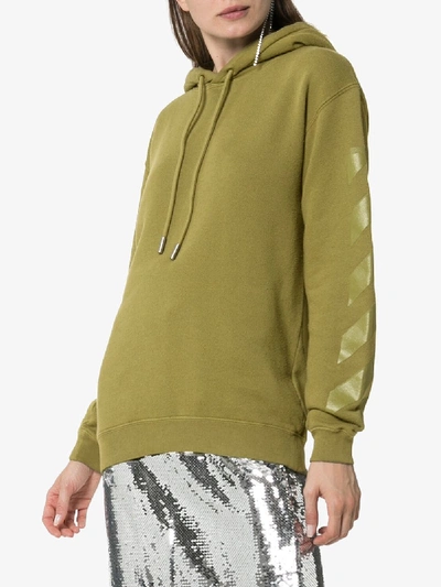 Shop Off-white Diagonal Stripe-print Cotton Hoodie In Military Green