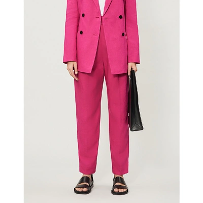 Shop Theory Pleated Tapered High-rise Linen Trousers In Pop Fuchsia