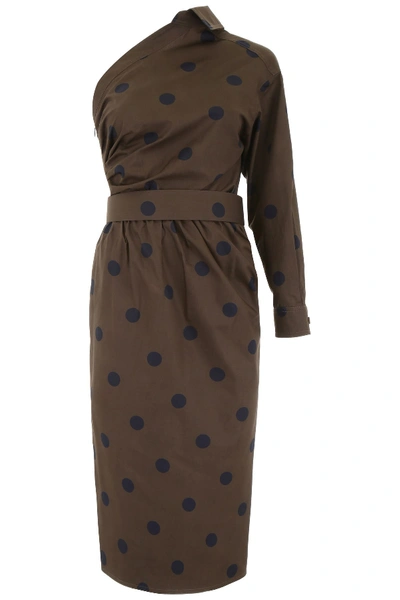 Shop Max Mara Polka Dots One-shoulder Dress In Kaki Blu Marino|marrone