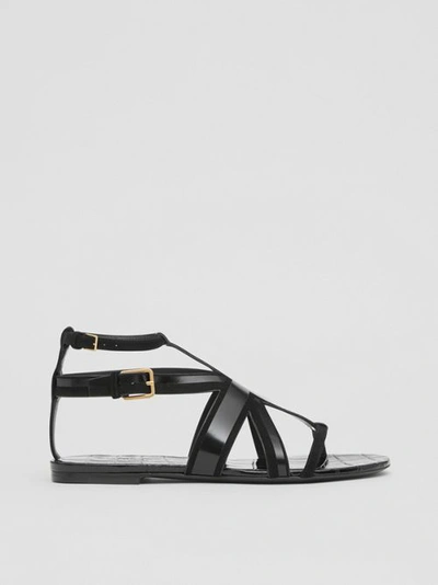 Shop Burberry Union Jack Motif Leather And Suede Sandals In Black