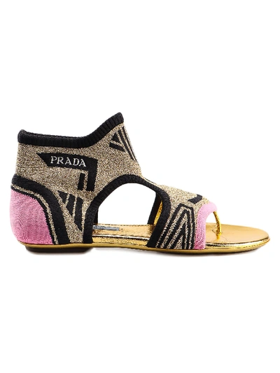 Shop Prada Thong Knit Flat Sandals In F Begonia+nero
