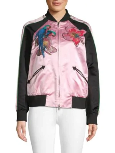 Shop Valentino Tropical Embroidered Satin Moto Jacket In Pink Multi