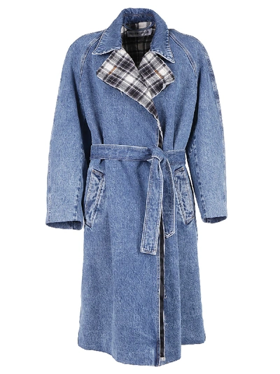 Shop Balenciaga Double Breasted Denim Trench Coat In Blue