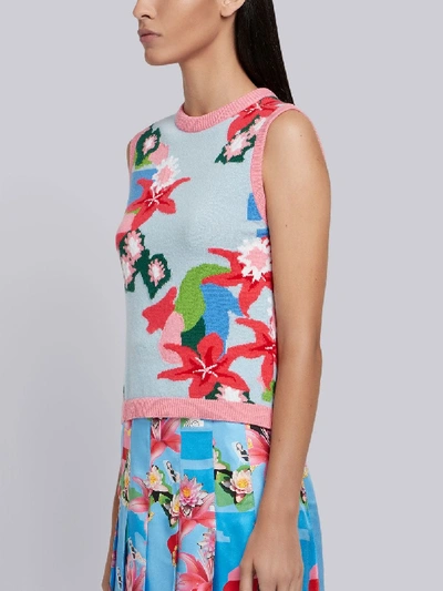 Shop Thom Browne Floral Intarsia Cashmere Shell Top In Blue