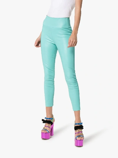 Shop Sprwmn High-waisted Cropped Leather Leggings In Turquoise