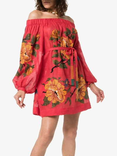 Shop Vita Kin Gypsy Queen Linen Off-the-shoulder Dress In Red