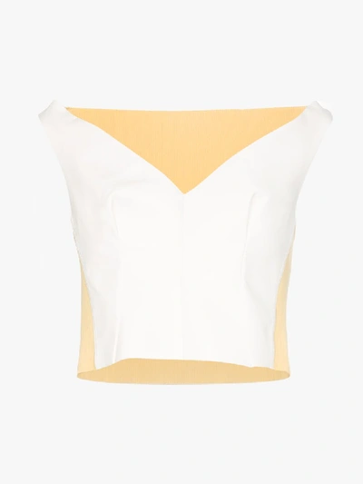 Shop Marni Off-the-shoulder Leather And Rib-knit Top In 00w01 White Yellow