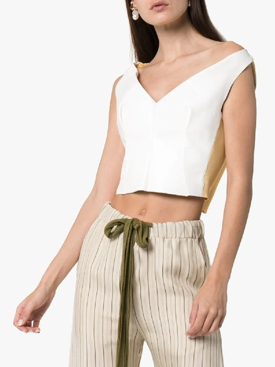 Shop Marni Off-the-shoulder Leather And Rib-knit Top In 00w01 White Yellow