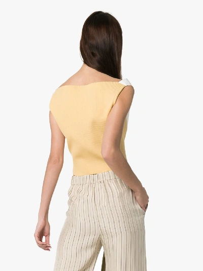 Shop Marni Off-the-shoulder Leather And Rib-knit Top In 00w01 White Yellow