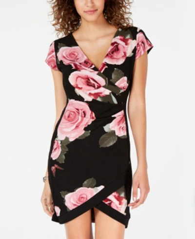 Shop Almost Famous Crave Fame Juniors' Framed Wrap Dress In Black/pink Rose