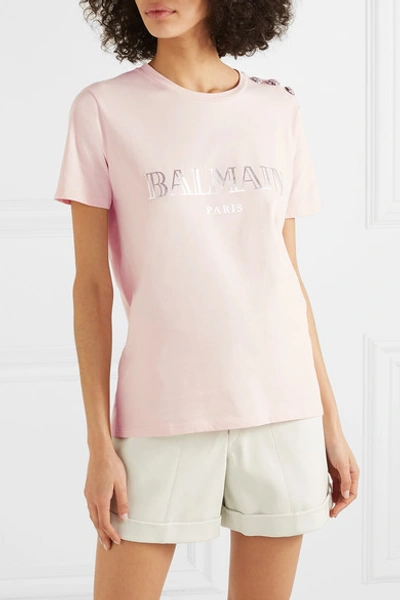 Balmain Button-embellished Printed Cotton-jersey T-shirt In Pink | ModeSens