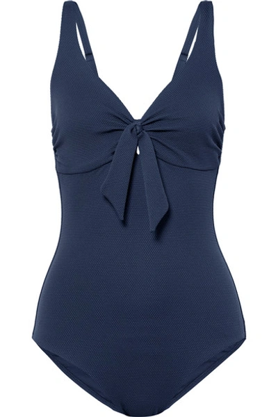 Shop Melissa Odabash Lisbon Knotted Stretch-piqué Underwired Swimsuit In Navy