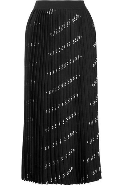 Shop Balenciaga Pleated Printed Stretch-knit Midi Skirt In Black