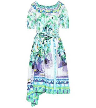 Shop Prada Printed Cotton Poplin Dress In Blue