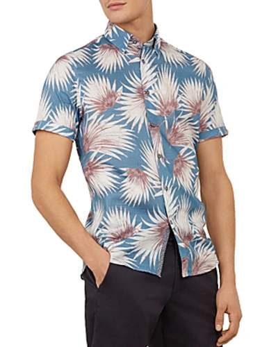 Shop Ted Baker Hedgeog Palm Print Slim Fit Shirt In Blue