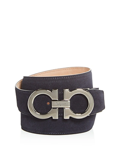 Shop Ferragamo Double Gancini Suede Belt In Blue