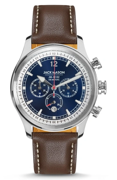 Shop Jack Mason Nautical Chronograph Leather Strap Watch, 42mm In Silver