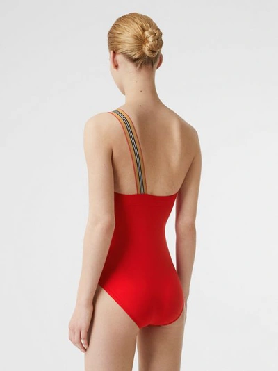 Shop Burberry Icon Stripe Detail Swimsuit In Bright Red