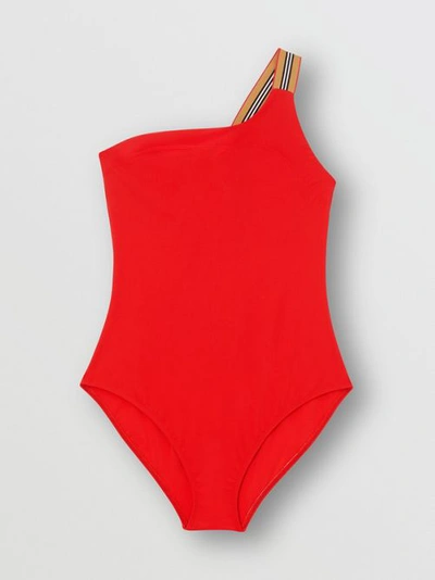 Shop Burberry Icon Stripe Detail Swimsuit In Bright Red