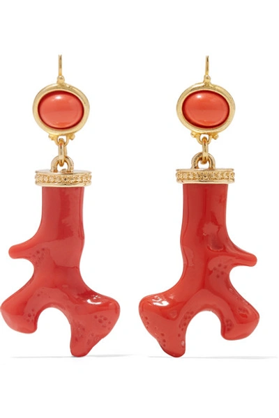 Shop Kenneth Jay Lane Gold-tone, Enamel And Resin Earrings In Coral