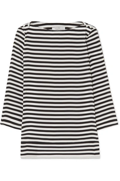 Shop Max Mara Button-embellished Striped Silk Top In Navy