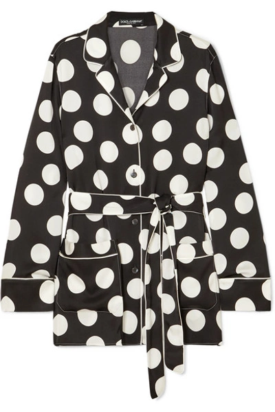 Shop Dolce & Gabbana Belted Polka-dot Silk-blend Satin Shirt In Black