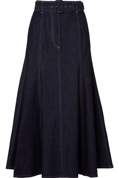 Shop Emilia Wickstead Belted Denim Midi Skirt In Blue