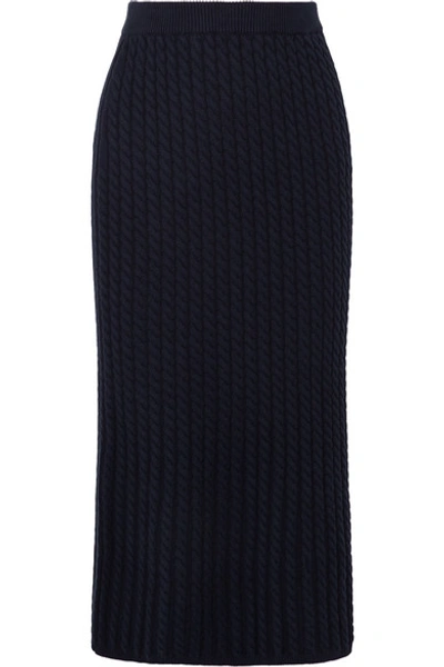 Shop Alessandra Rich Cable-knit Cotton-blend Midi Skirt In Navy