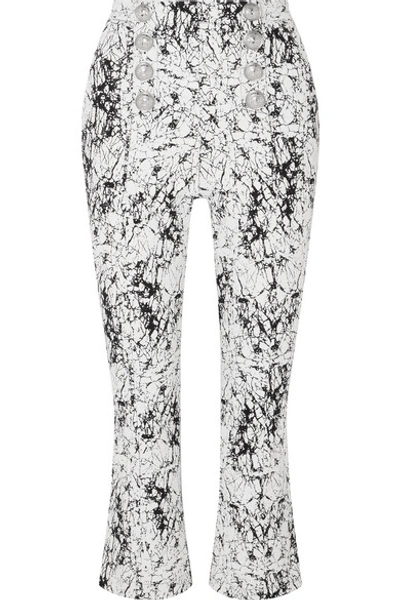 Shop Balmain Cropped Cracked Stretch-cotton Jersey Flared Pants In White