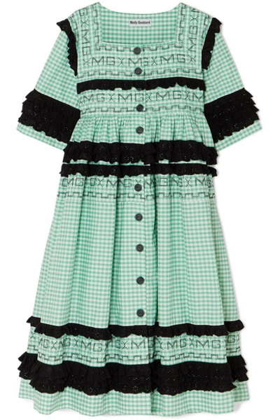 Shop Molly Goddard Macy Broderie Anglaise-trimmed Gingham Cotton Coat In Green