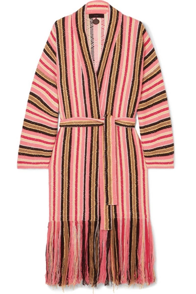 Shop Alanui Baja Fringed Striped Cotton-blend Cardigan In Pink