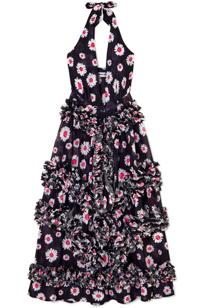 Shop Molly Goddard Antonia Ruffled Floral-print Stretch-mesh Halterneck Midi Dress In Black