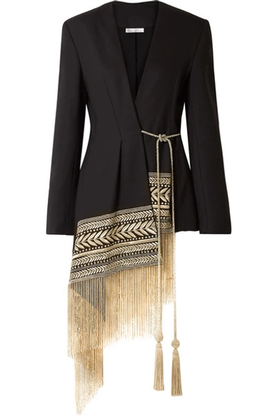 Shop Oscar De La Renta Fringed Embroidered Wool-blend Twill Wrap Jacket In Black
