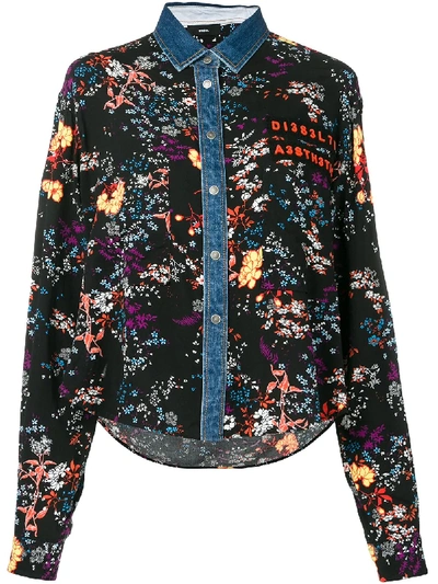 Shop Diesel Floral Denim Shirt - Black