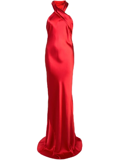Shop Galvan Halterneck Satin Maxi Dress - Red