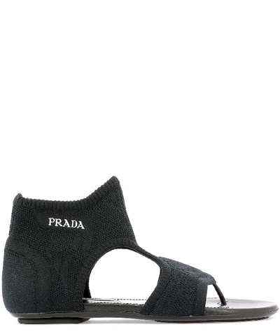 Shop Prada Logo Knit Sandals In Black