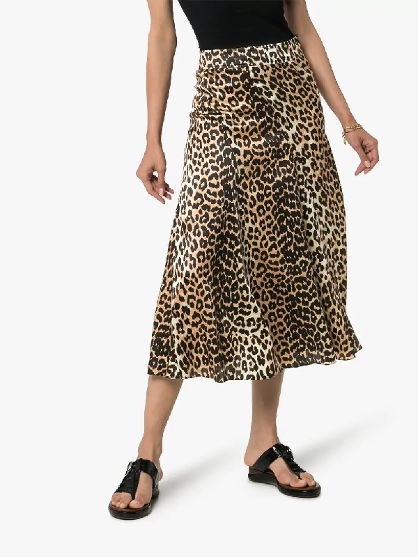 Ganni Leopard Print Stretch Silk Satin Midi Skirt | ModeSens