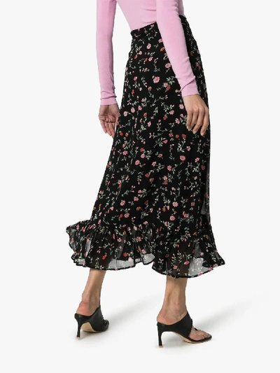 Shop Ganni Elm Floral-print Ruffled-georgette Wrap Skirt In 99 Black