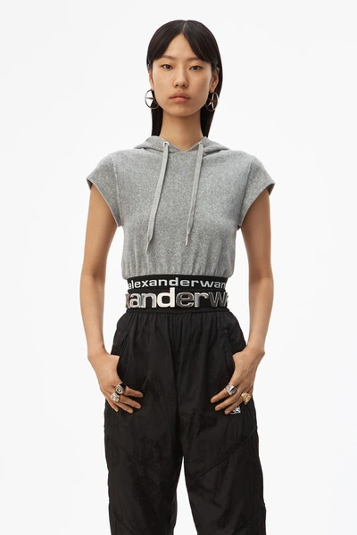 Shop Alexander Wang Cap Sleeve Hoodie In Stretch Corduroy In Heather Grey