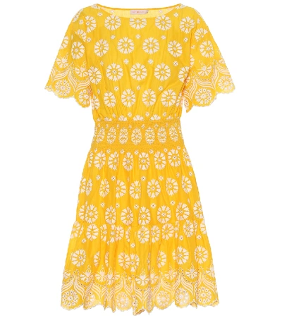 Shop Tory Burch Embroidered Cotton Dress In Yellow